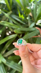 Natural Zambian Emerald Cocktail Ring - 18k White Gold Ring With Yellow Diamonds