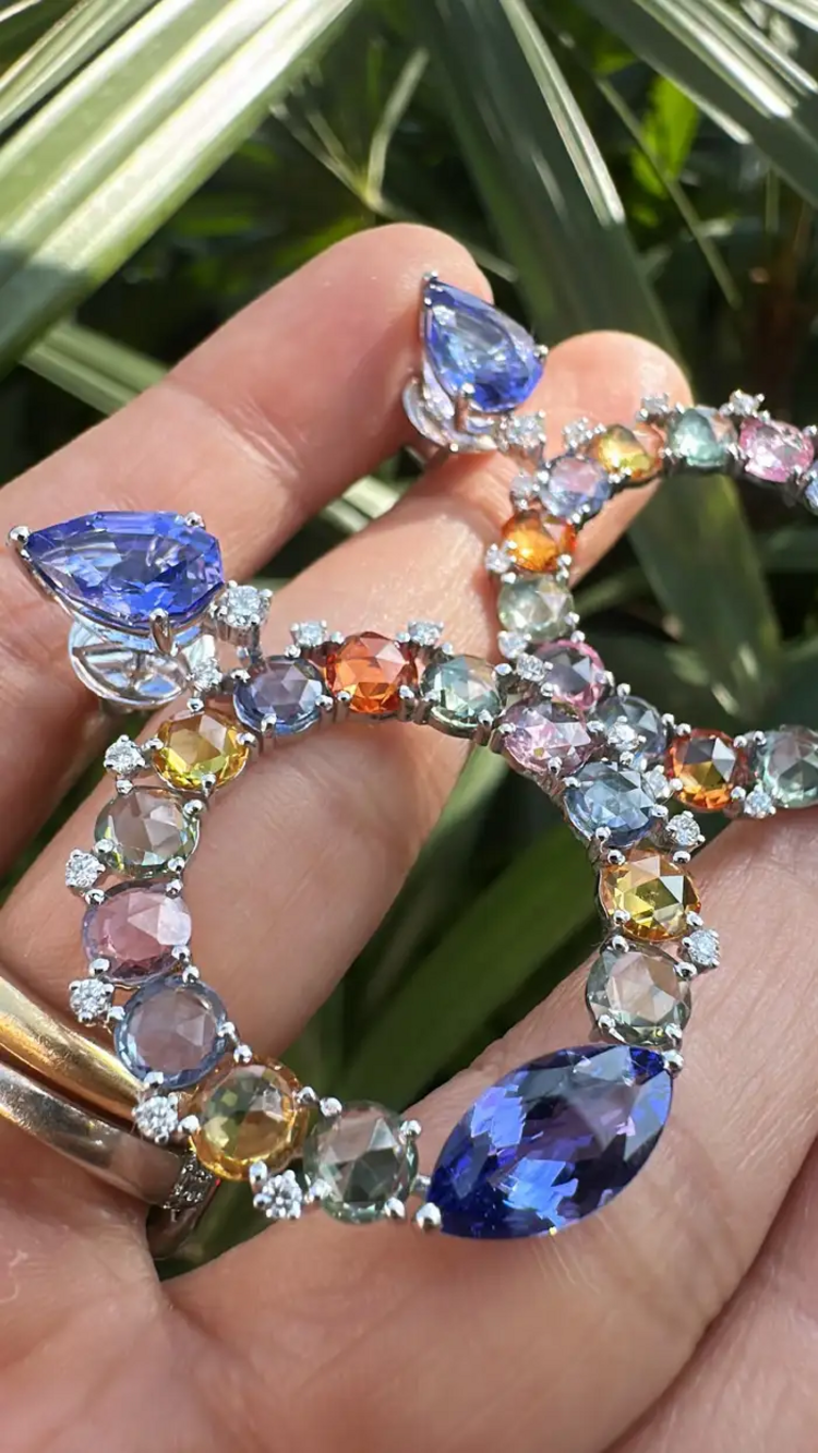 18k White Gold Diamond Dangle Earrings - Natural Tanzanite & Multi Sapphire Earrings