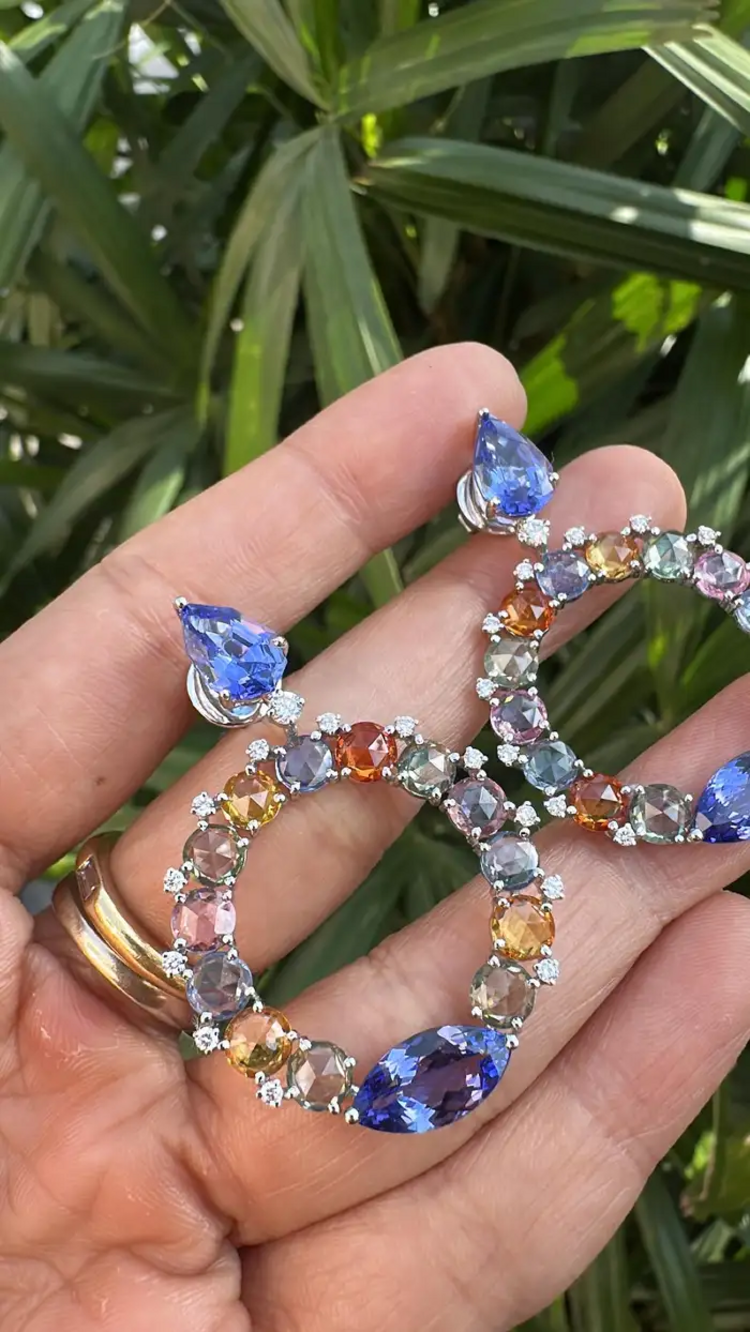 18k White Gold Diamond Dangle Earrings - Natural Tanzanite & Multi Sapphire Earrings