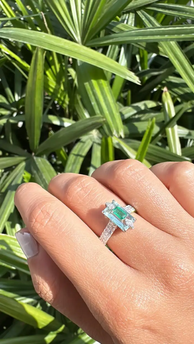 Natural Aquamarine & Zambian Emerald Engagement Ring - 18k White Gold Handmade Ring Main Image