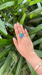 18k White Gold Diamond Handmade Ring - Natural Zambian Emerald & Blue Enamel Cocktail Ring