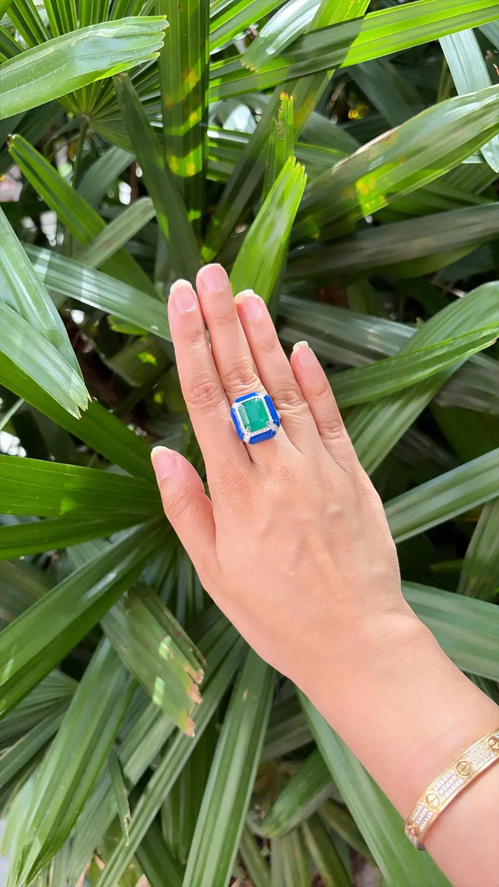 18k White Gold Diamond Handmade Ring - Natural Zambian Emerald & Blue Enamel Cocktail Ring