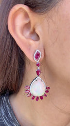 18k White Gold Diamond Earrings - Natural Ethiopian Opal & Mozambique Ruby Dangle Earrings