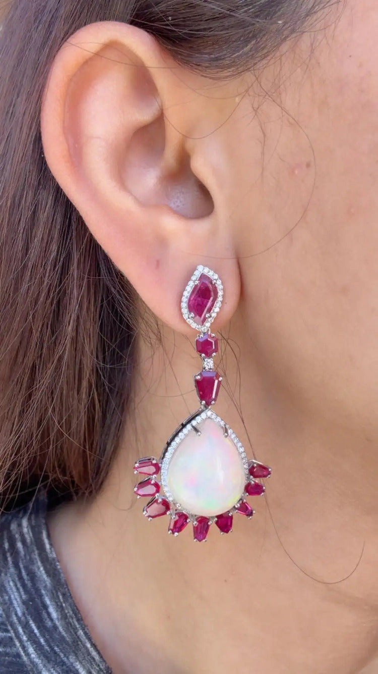 18k White Gold Diamond Earrings - Natural Ethiopian Opal & Mozambique Ruby Dangle Earrings
