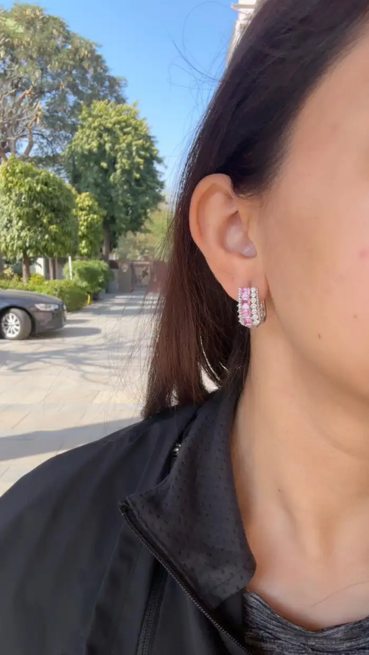 18k White Gold Diamond Hoop Earrings - Natural Pink Sapphire Huggie Hoop Earring