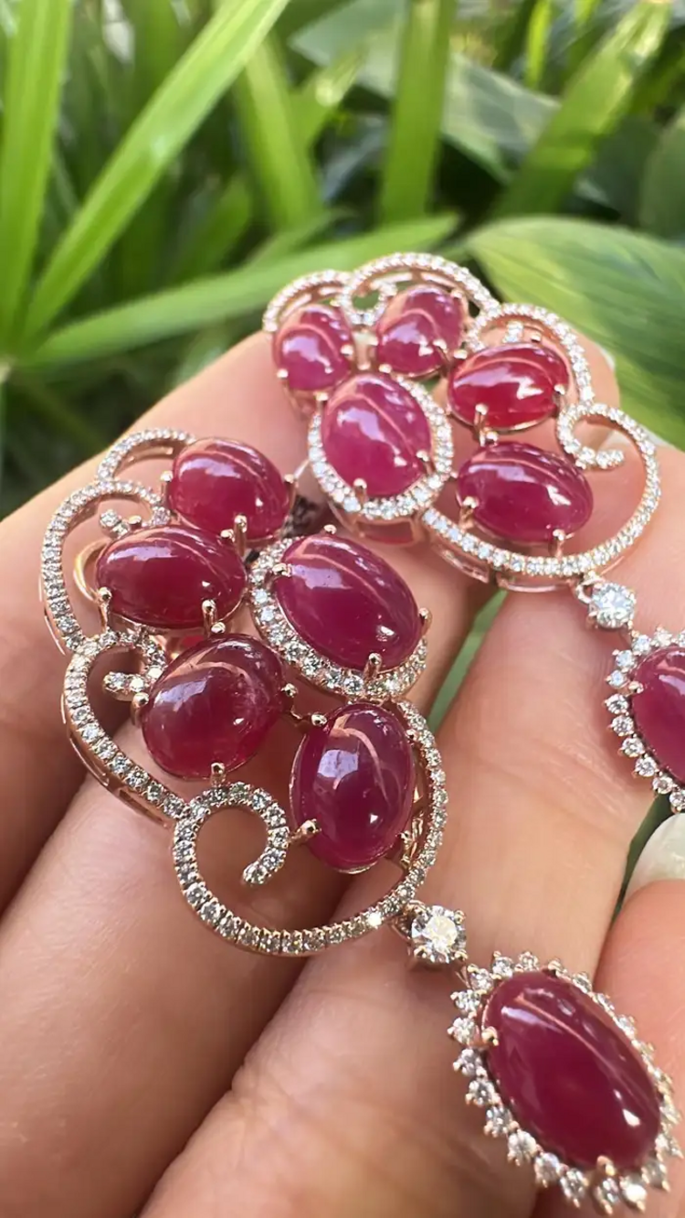 Natural Ruby Diamond Earrings - 18k Rose Gold Dangle Handmade Earrings