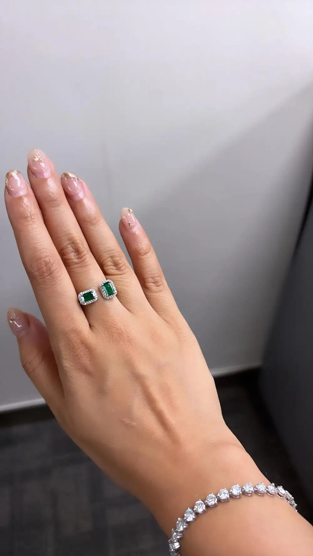 Natural Zambian Emerald Cuff Ring - 18k White Gold Diamond Minimalist Ring