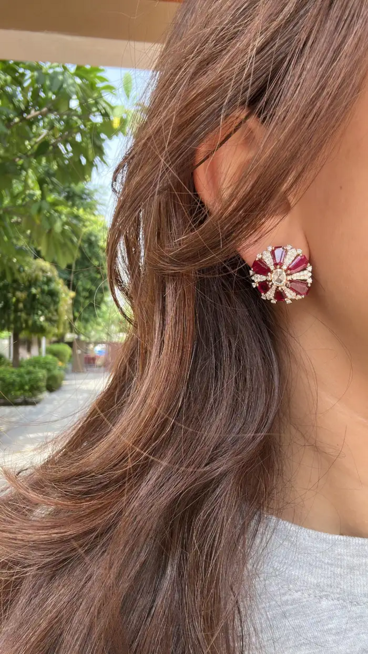 18k Rose Gold Diamond Stud Earrings - Natural Ruby & Rose Cut Diamond Earrings