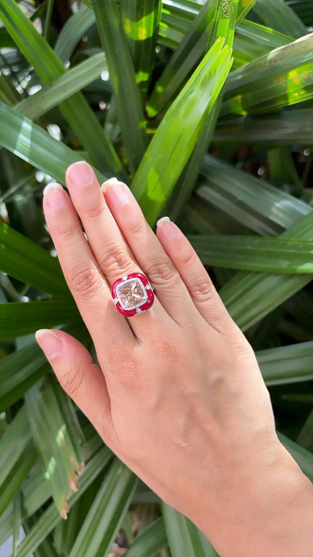 18k White Gold Diamond Cocktail Ring - Natural Morganite & Red Enamel Anniversary Ring