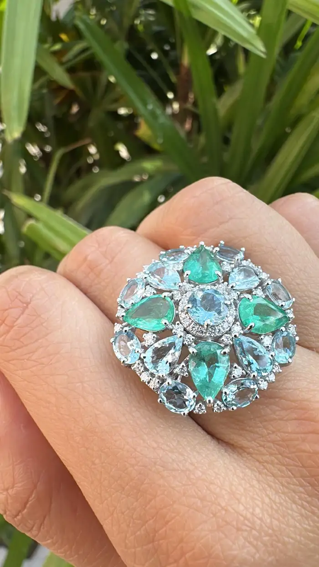 Colombian Emerald & Aquamarine Gemstone Statement Ring - 18k White Gold Diamond Cocktail Ring Main Image