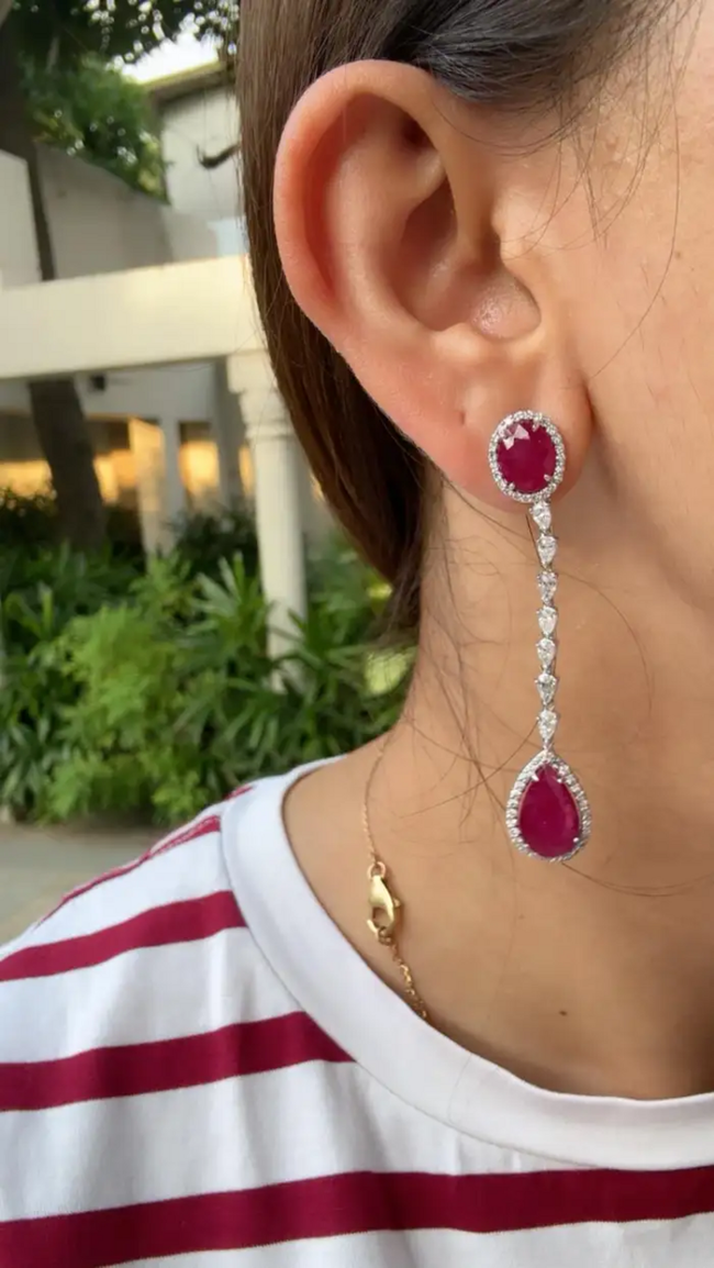 Natural Ruby & Diamond Dangle Earrings - 18k White Gold Chandelier Earrings Main Image