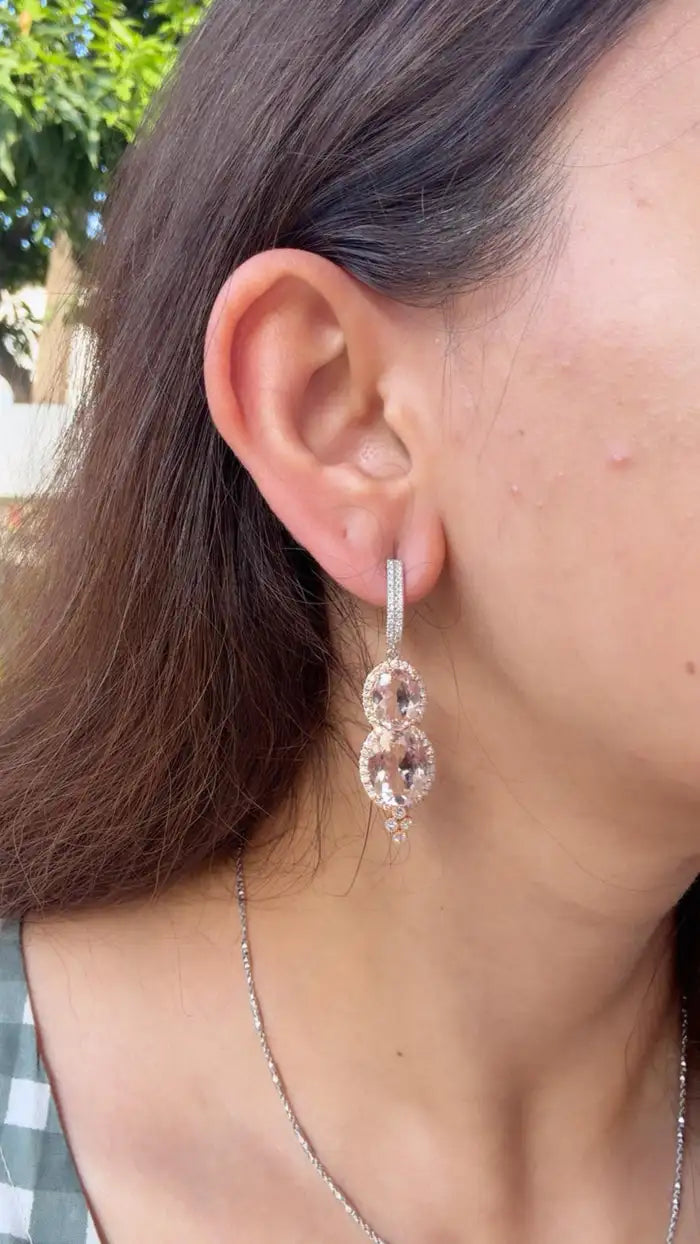 Natural Morganite & Diamond Dangle Earrings - 18k Rose Gold Handmade Earrings