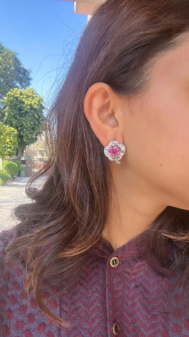 Natural Rubellite & Rose Cut Diamond Stud Earrings Made in 18k White Gold Main Image