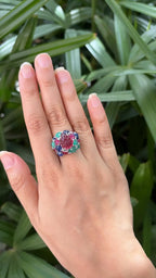 Natural Rubelite, Blue Sapphire, Ruby & Emerald Gemstone Cocktail Ring - 18k White Gold Diamond Ring