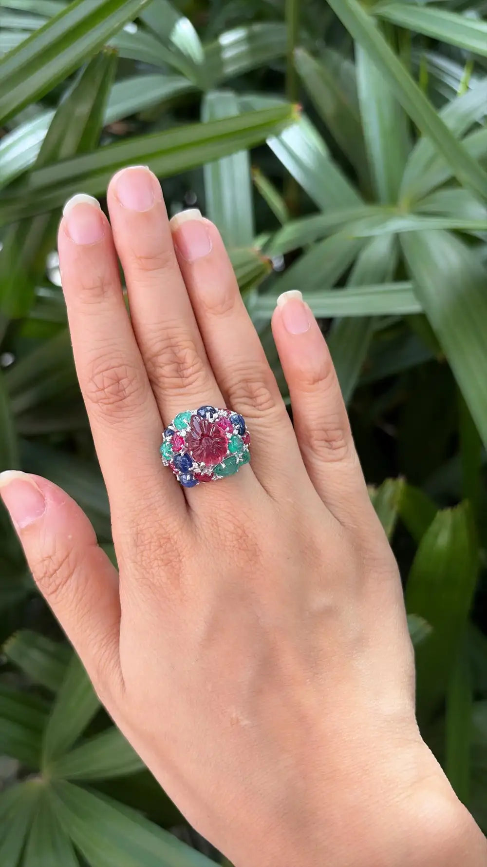 Natural Rubelite, Blue Sapphire, Ruby & Emerald Gemstone Cocktail Ring - 18k White Gold Diamond Ring