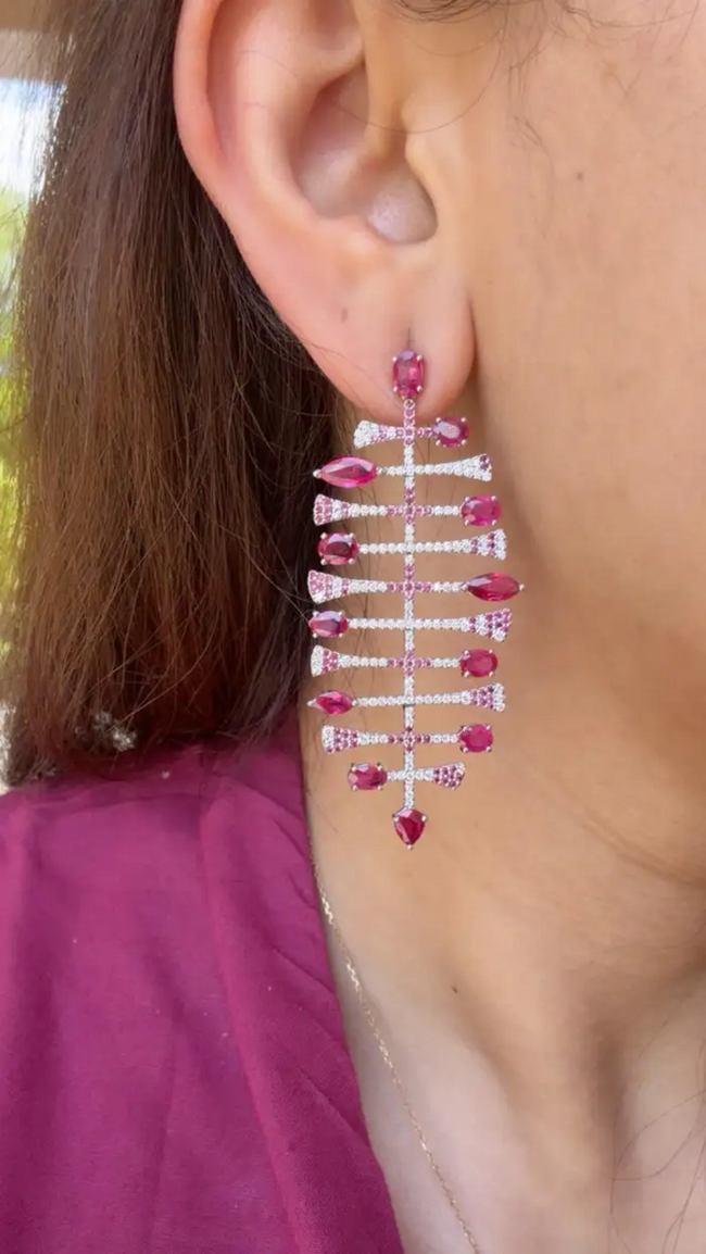 18k White Gold Diamond Dangle Earrings - Natural Ruby Gemstone Chandelier Earrings Main Image