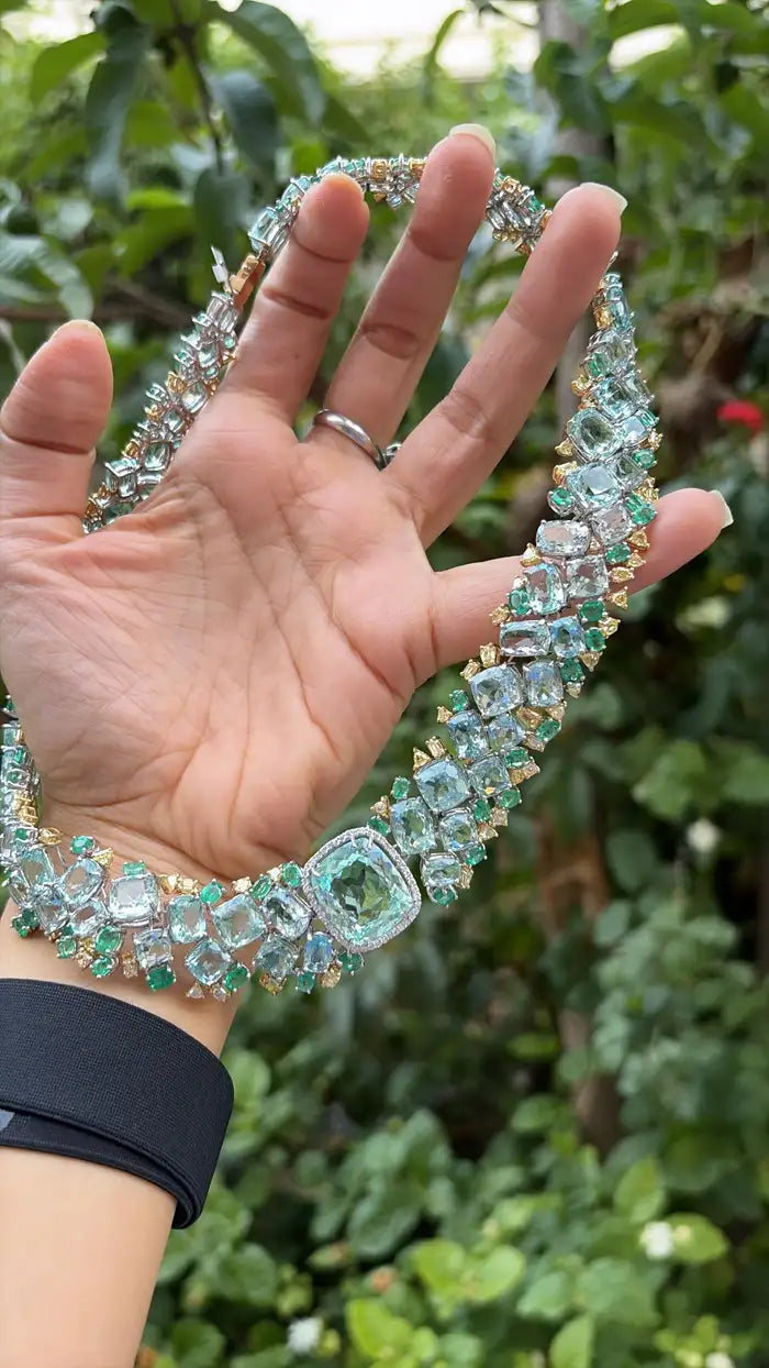 Natural Aquamarine & Zambian Emerald Necklace - 18k White Gold & Yellow Diamond Necklace