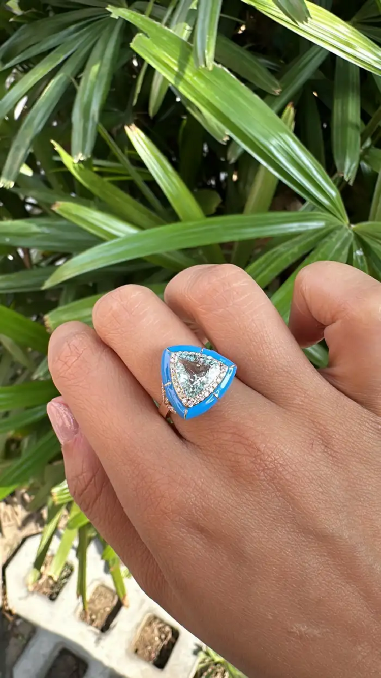 Trillion Shape Aquamarine Ring - Blue Enamel & Diamond Minimalist Ring - 18k Gold Diamond Women Ring