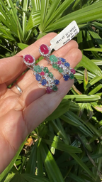 18k White Gold Diamond Dangle Earrings - Natural Ruby, Carved Emerald & Blue Sapphire Earrings