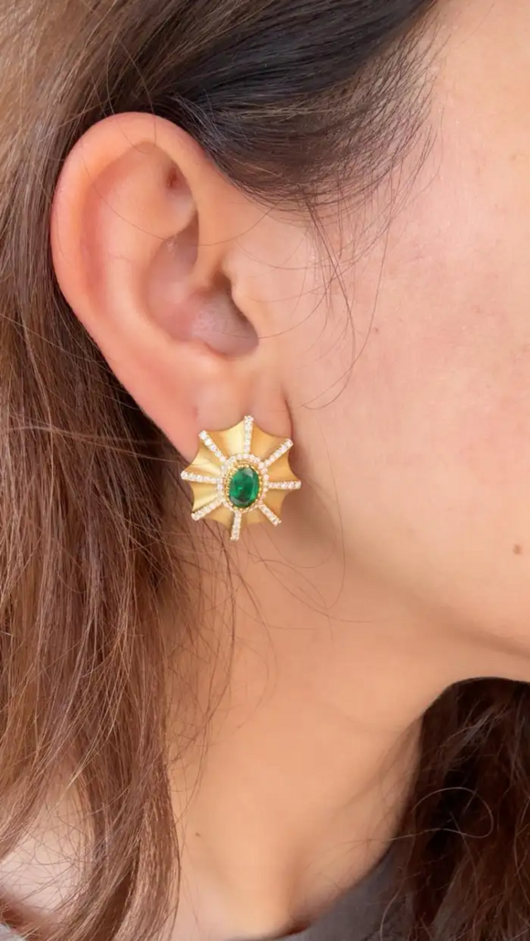 18k Yellow Matte Gold Stud Earrings - Natural Zambian Emerald & Diamond Earrings