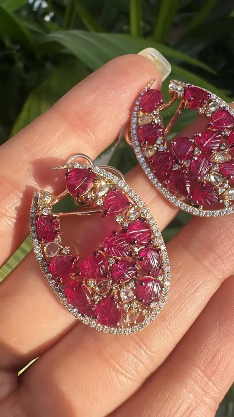 Carved Mozambique Ruby Hoop Earrings - 18k Rose Gold Diamond Earrings