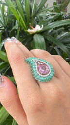 Natural Emerald & Pink Sapphire  Statement Ring - 18k White Gold Diamond Handmade Ring