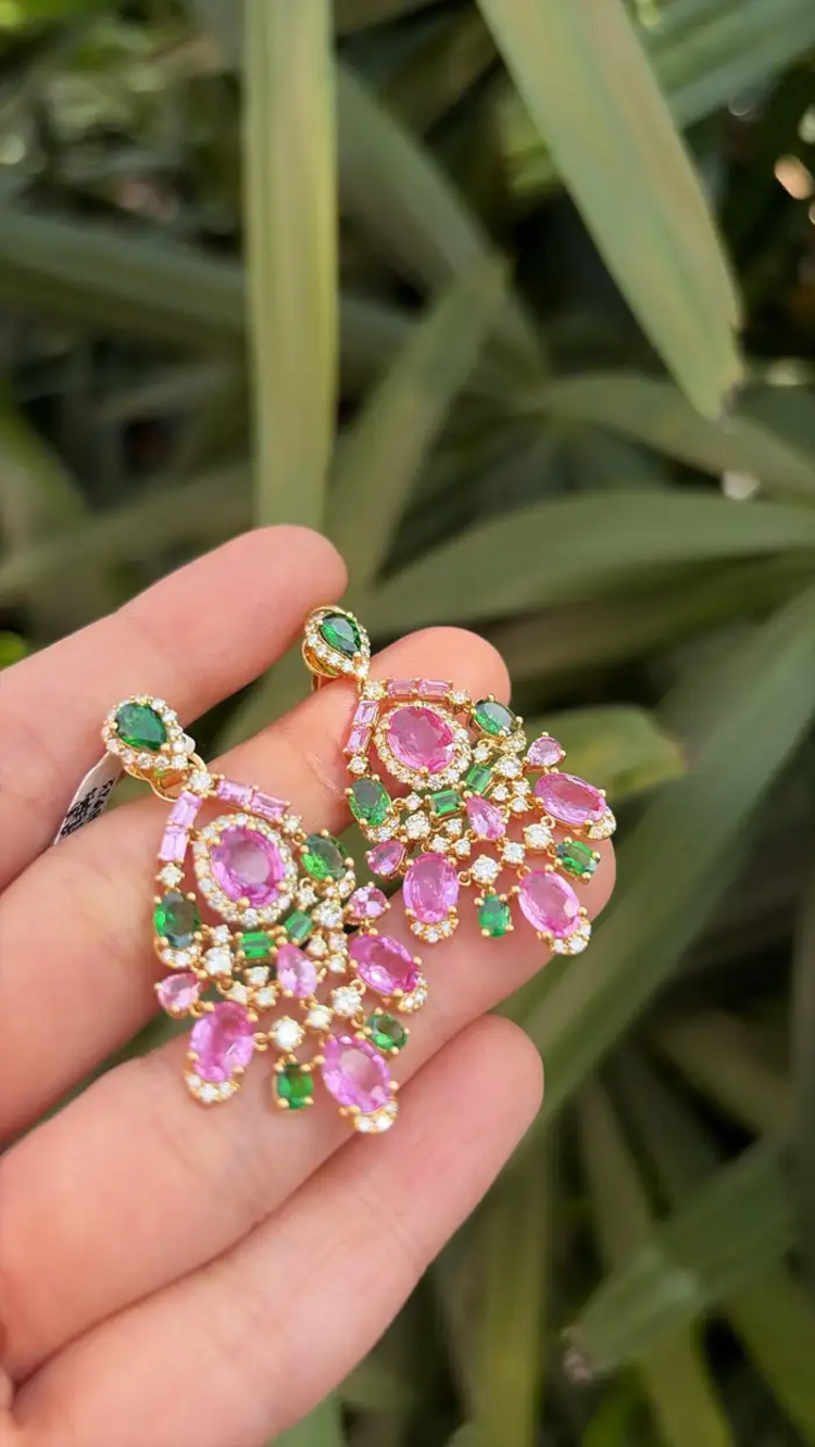 Natural Pink Sapphire & Tsavorite Dangle Earrings - 18k Yellow Gold Diamond Earrings