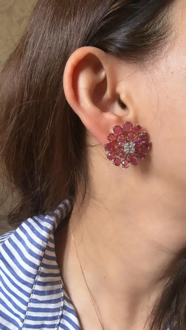 Natural Ceylon Pink Sapphire Floral Stud Earrings - 18k Rose Gold Diamond Stud Earrings Main Image