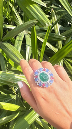 18k White Gold Handmade Cocktail Ring - Carved Emerald, Blue Sapphire & Ruby Statement Ring - Gold Diamond Women Ring