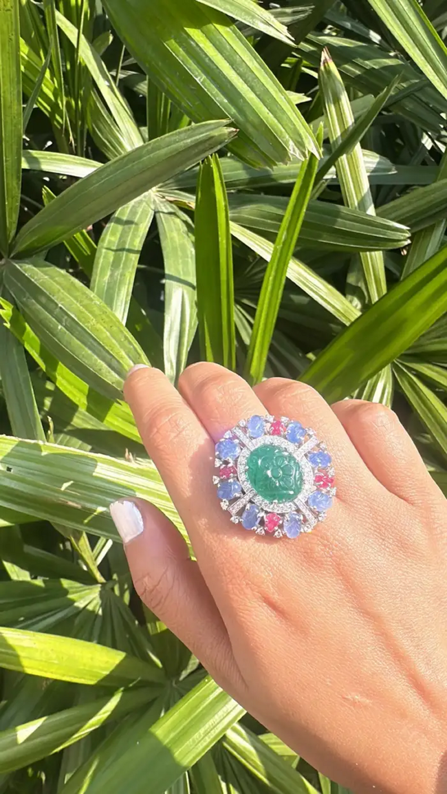 18k White Gold Handmade Cocktail Ring - Carved Emerald, Blue Sapphire & Ruby Statement Ring - Gold Diamond Women Ring Main Image