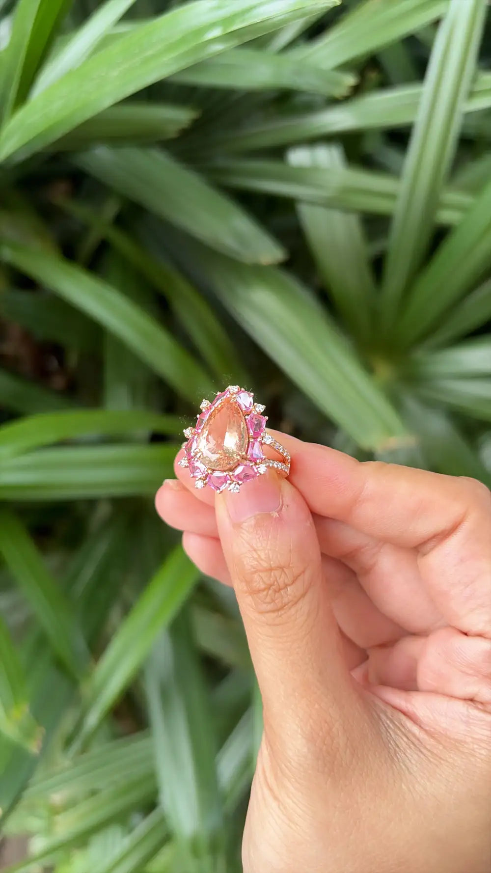 Natural Morganite & Pink Sapphire Cocktail Ring - 18k Rose Gold Diamond Ring