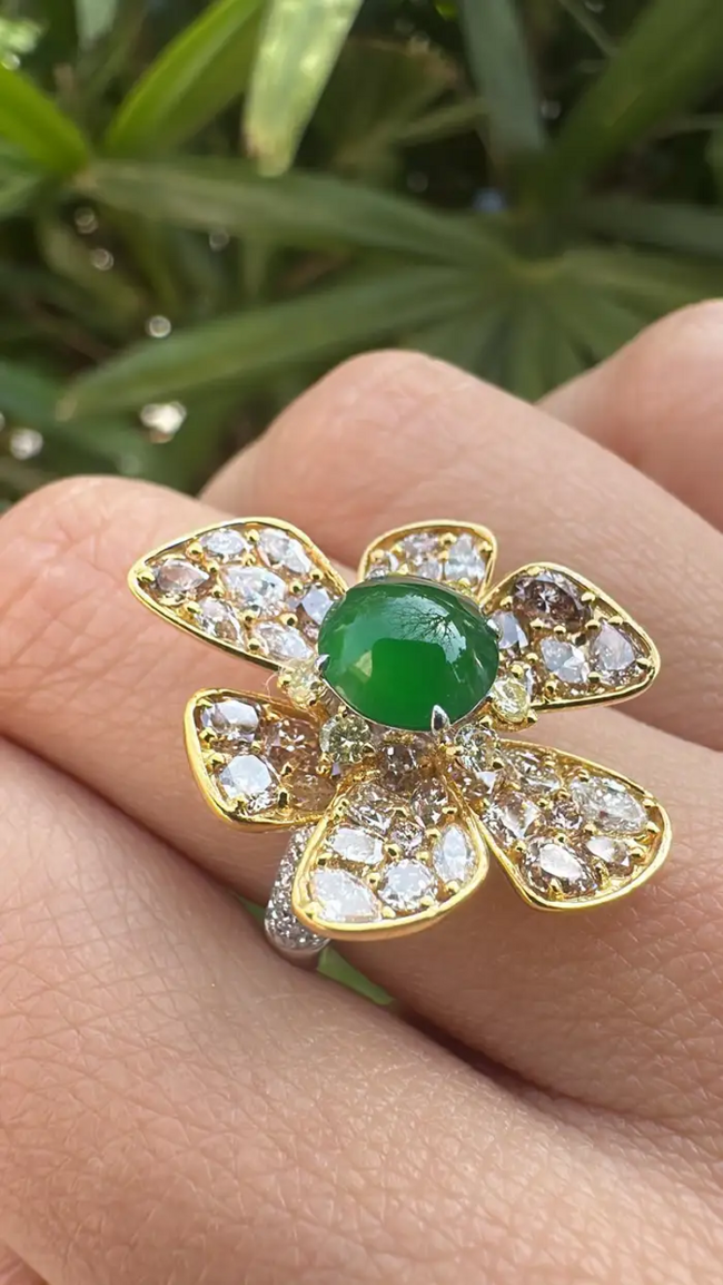 18k Yellow Gold Handmade Diamond Ring - Natural Jade Gemstone Engagement Ring Main Image