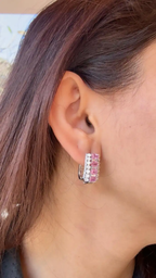 18k White Gold Diamond Hoop Earrings - Natural Pink Sapphire Huggie Hoop Earring