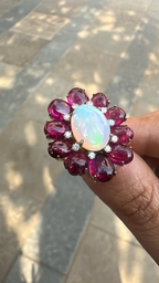 Natural Ethiopian Opal & Tourmaline Cocktail Ring - 18k White Gold Diamond Ring