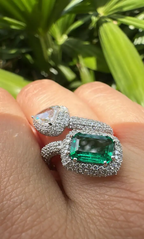 Zambian Emerald & Rose Cut Diamond Ring - 18k White Gold Handmade Wedding Ring