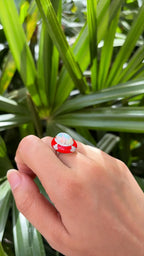 Natural Ethiopian Opal & Red Enamel Ring - 18k White Gold Diamond Cocktail Ring
