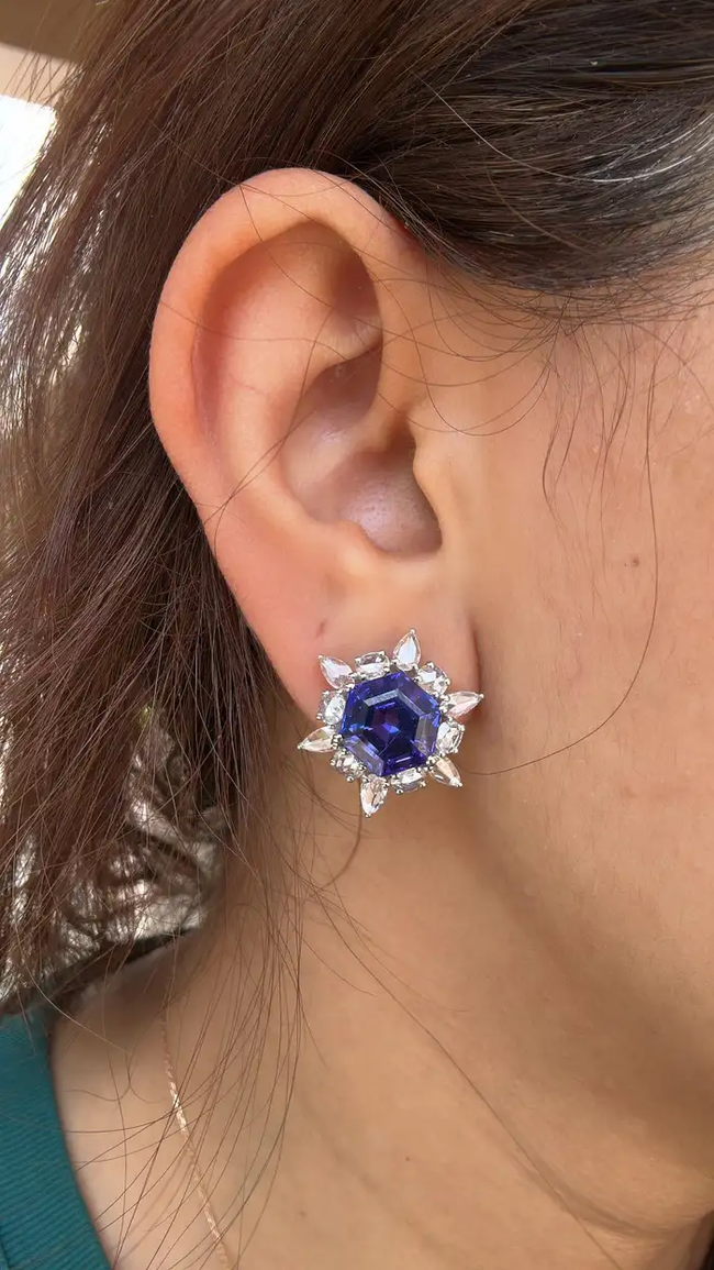 9.83 Ct. Natural Tanzanite Gemstone Minimalist Stud Earrings - 18k White Gold Rose Cut Diamonds Star Earrings - December Birthstone Earrings Main Image