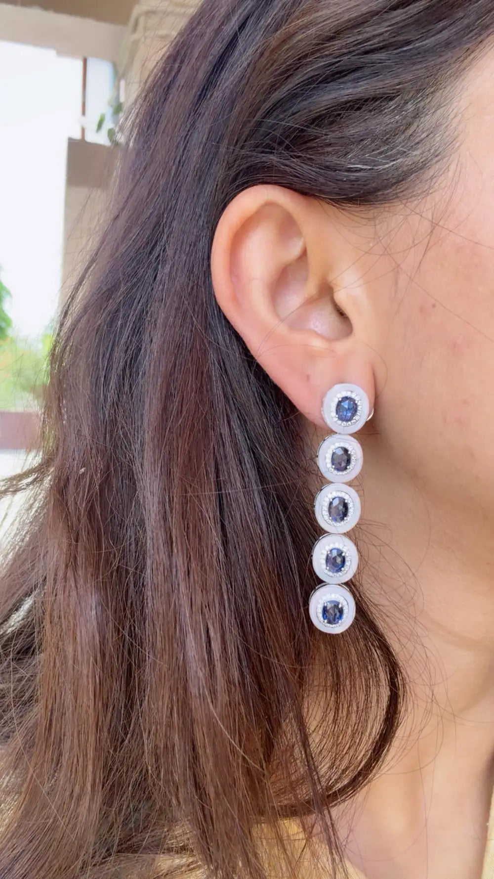 Ceylon Blue Sapphire & Blue Opal Dangle Earrings - 18k White Gold Diamond Dangle Earrings