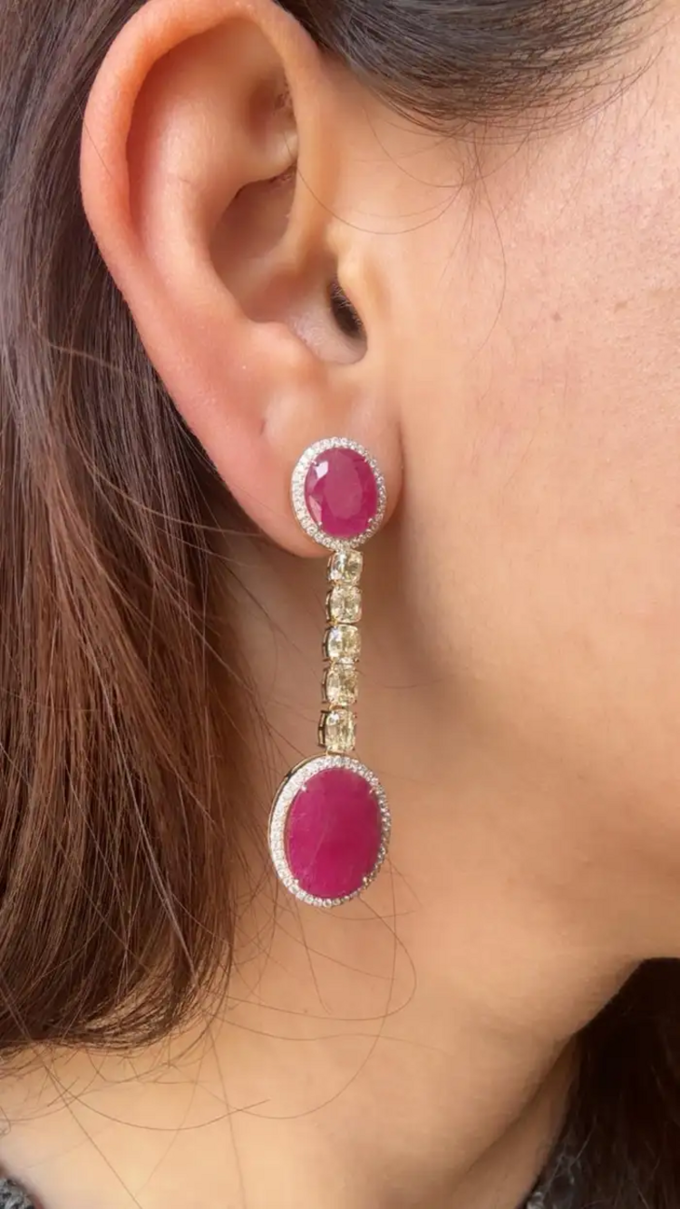 Natural Mozambique Ruby Dangle Earrings - 18k White Gold Yellow Diamond Dangle Earrings