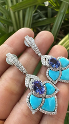 18k White Gold Turquoise & Tanzanite Dangle Earrings - Natural Diamond Earrings