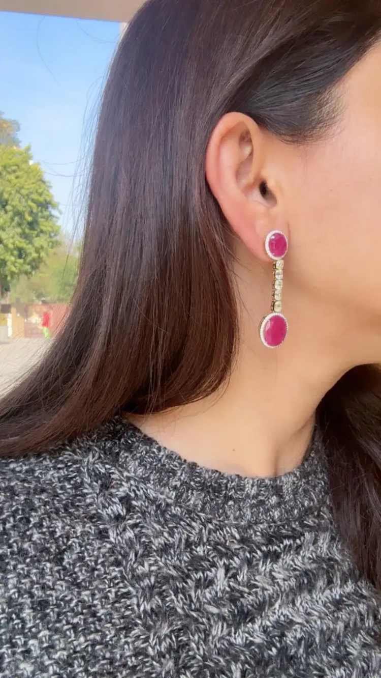 Natural Mozambique Ruby Dangle Earrings - 18k White Gold Yellow Diamond Dangle Earrings
