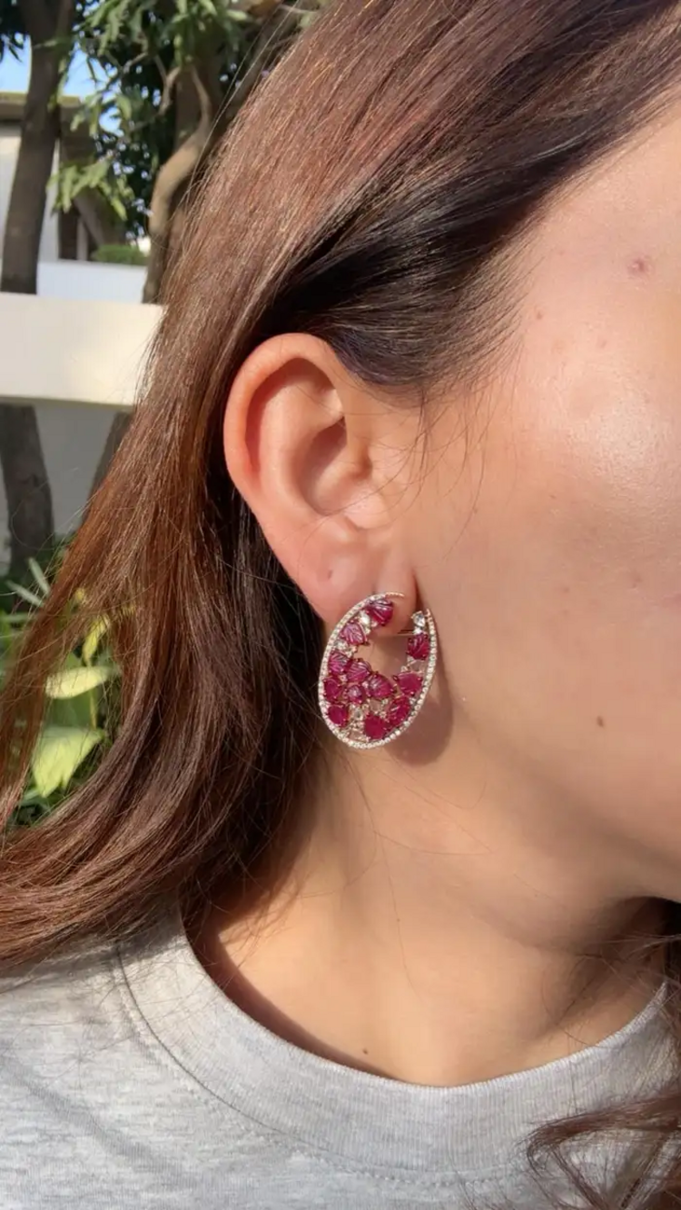 Carved Mozambique Ruby Hoop Earrings - 18k Rose Gold Diamond Earrings