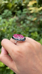Natural Mozambique Ruby & Black Onyx Gemstone Ring - 18k White Gold Diamond Cocktail Ring