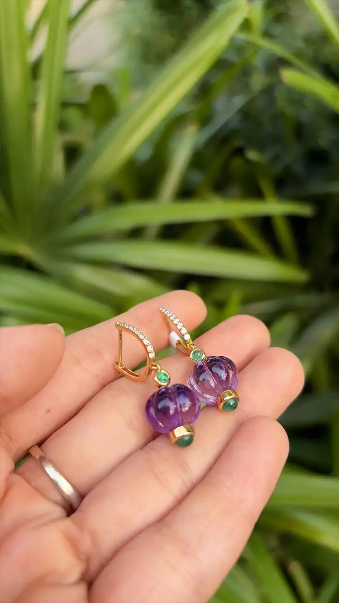 Natural Amethyst & Emerald Dangle Earrings - 18k Yellow Gold Diamond Earrings