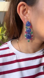 18k White Gold Diamond Dangle Earrings - Carved Tanzanite, Ruby & Emerald Earrings