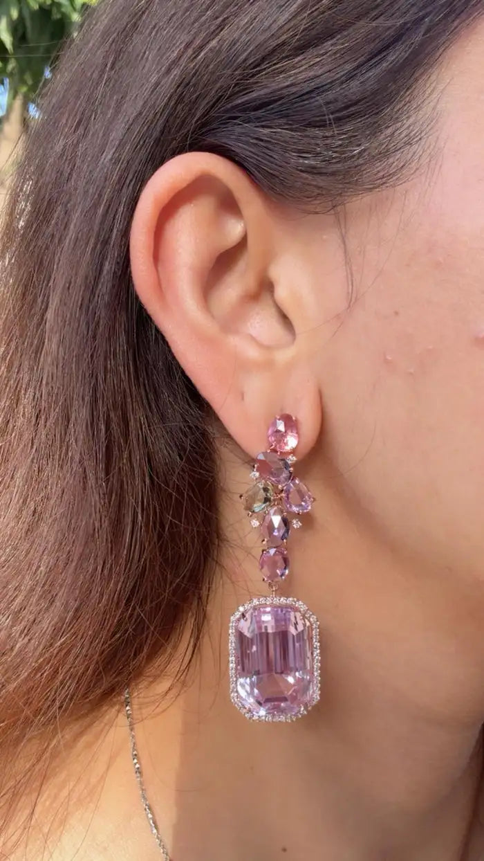Natural Kunzite & Multi Sapphire Earrings - 18k Rose Gold Diamond Dangle Earrings