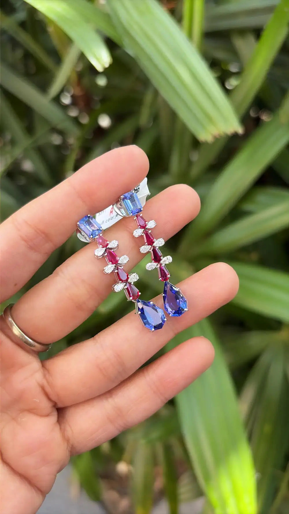Mozambique Ruby & Tanzanite Dangle Earrings - 18k White Gold Diamond Handmade Earrings