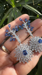 Natural Blue Sapphire Dangle Earrings - 18k White Gold Rose Cut Diamond Handmade Chandelier Earrings