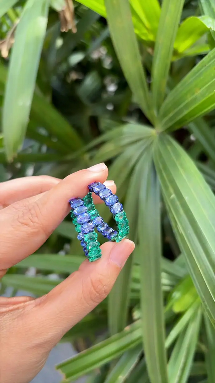 Natural Emerald & Tanzanite Gemstone Hoop Earrings - 18k Gold Hoop Earrings