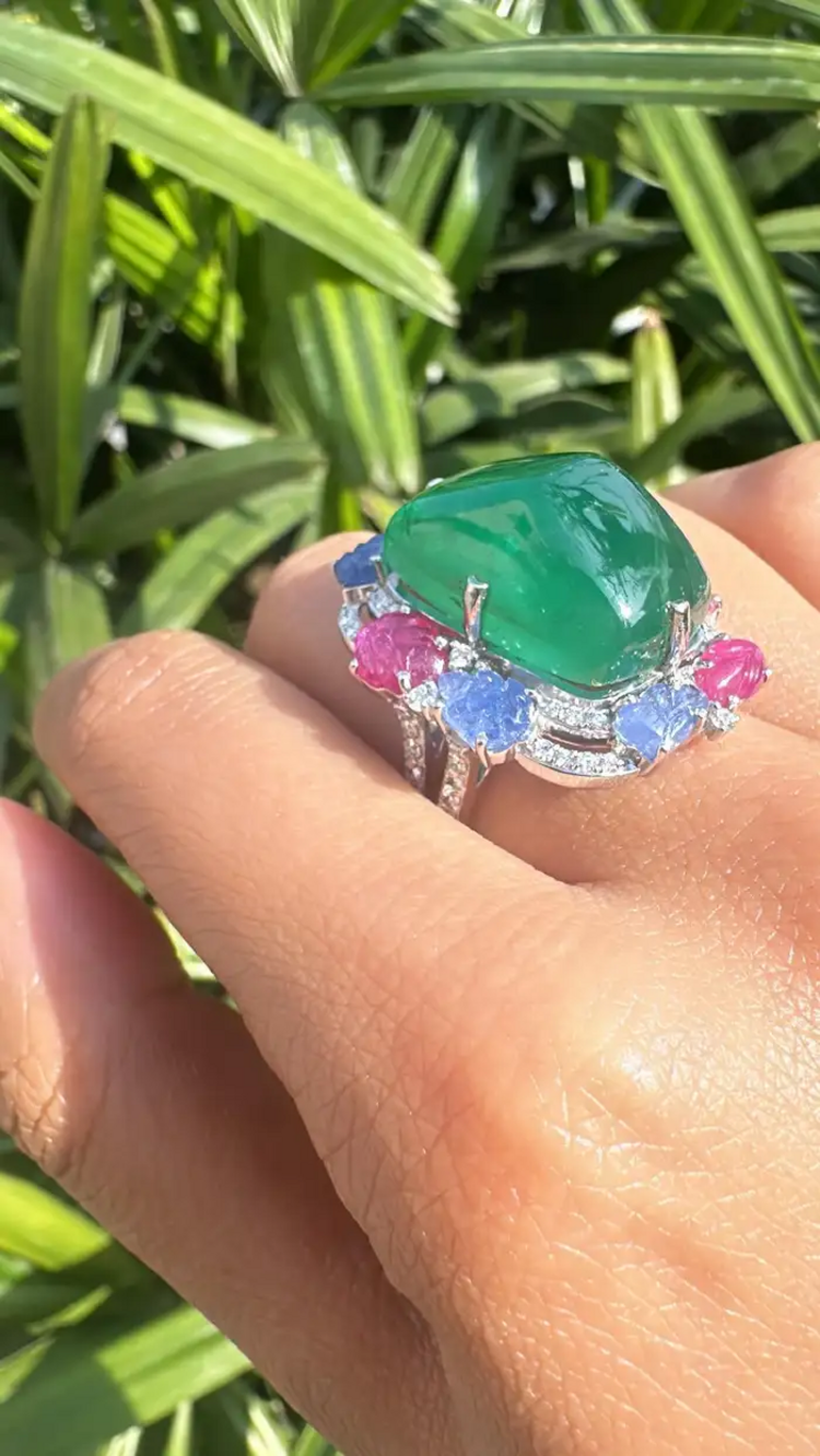 Natural Sugarloaf Emerald & Diamond Ring - 18k White Gold Cocktail Ring - Carved Blue Sapphire & Ruby Wedding Ring